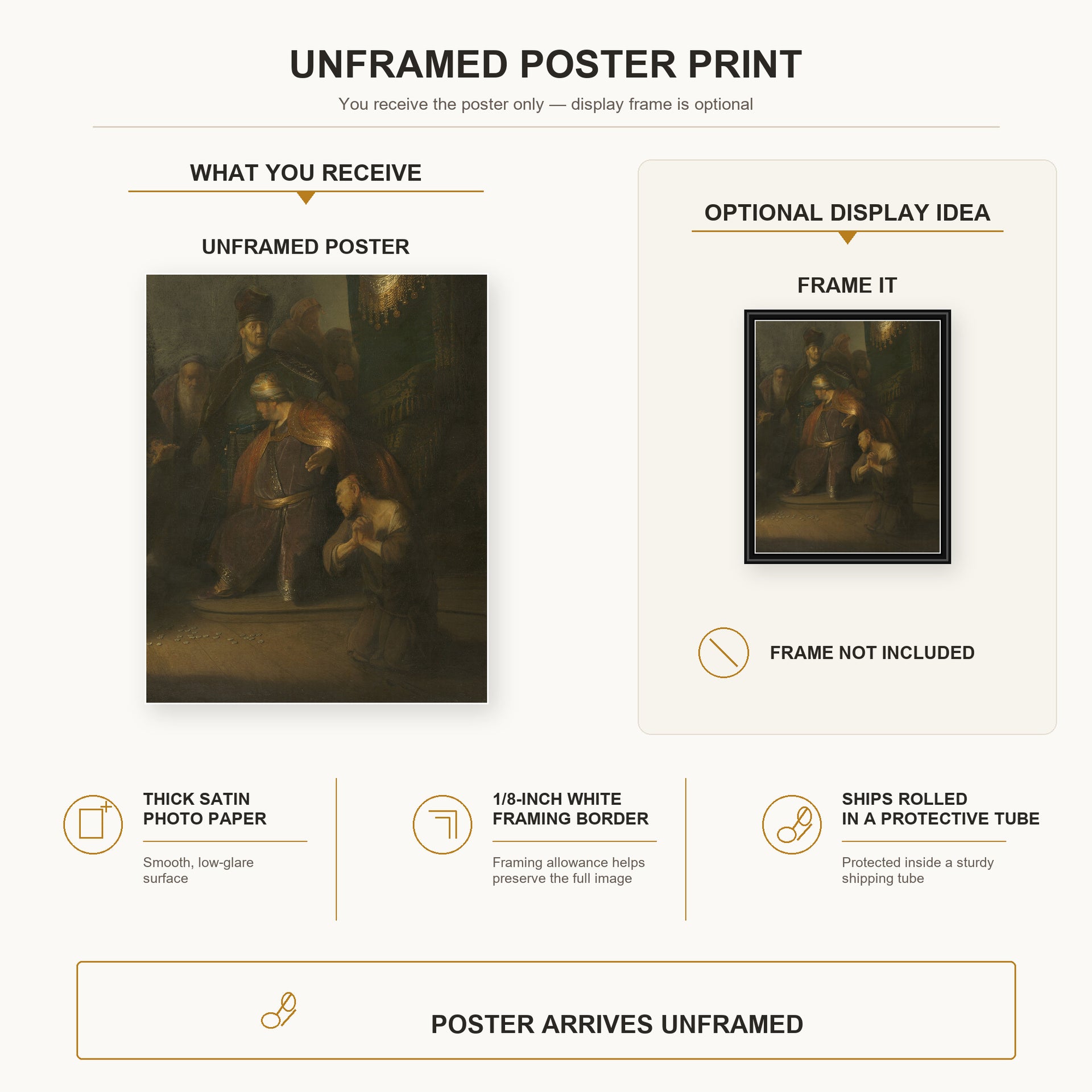 Rembrandt - Grieving Judas poster print size comparison and framing display infographic