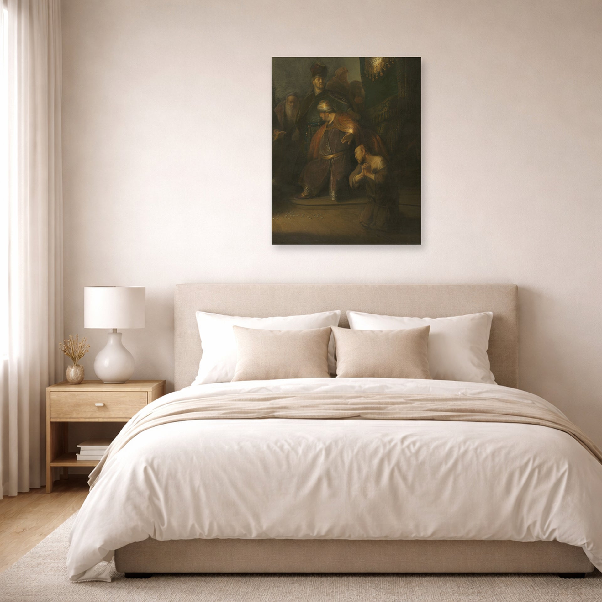 Unframed poster print of Rembrandt's Grieving Judas displayed on a wall in a bedroom
