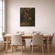 Unframed poster print of Rembrandt's Grieving Judas displayed on a wall in a dining room