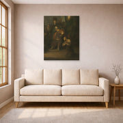 Unframed poster print of Rembrandt's Grieving Judas displayed on a wall in a living room