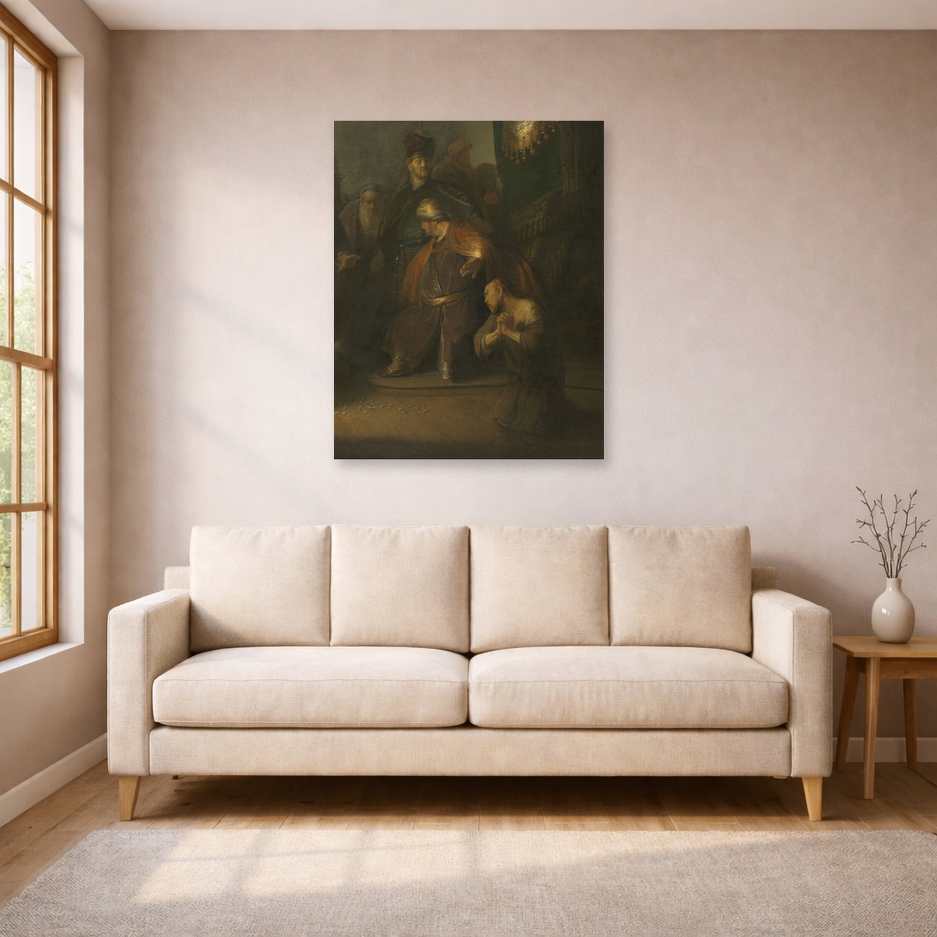 Unframed poster print of Rembrandt's Grieving Judas displayed on a wall in a living room