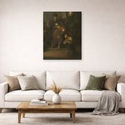 Unframed poster print of Rembrandt's Grieving Judas displayed on a wall in a living room