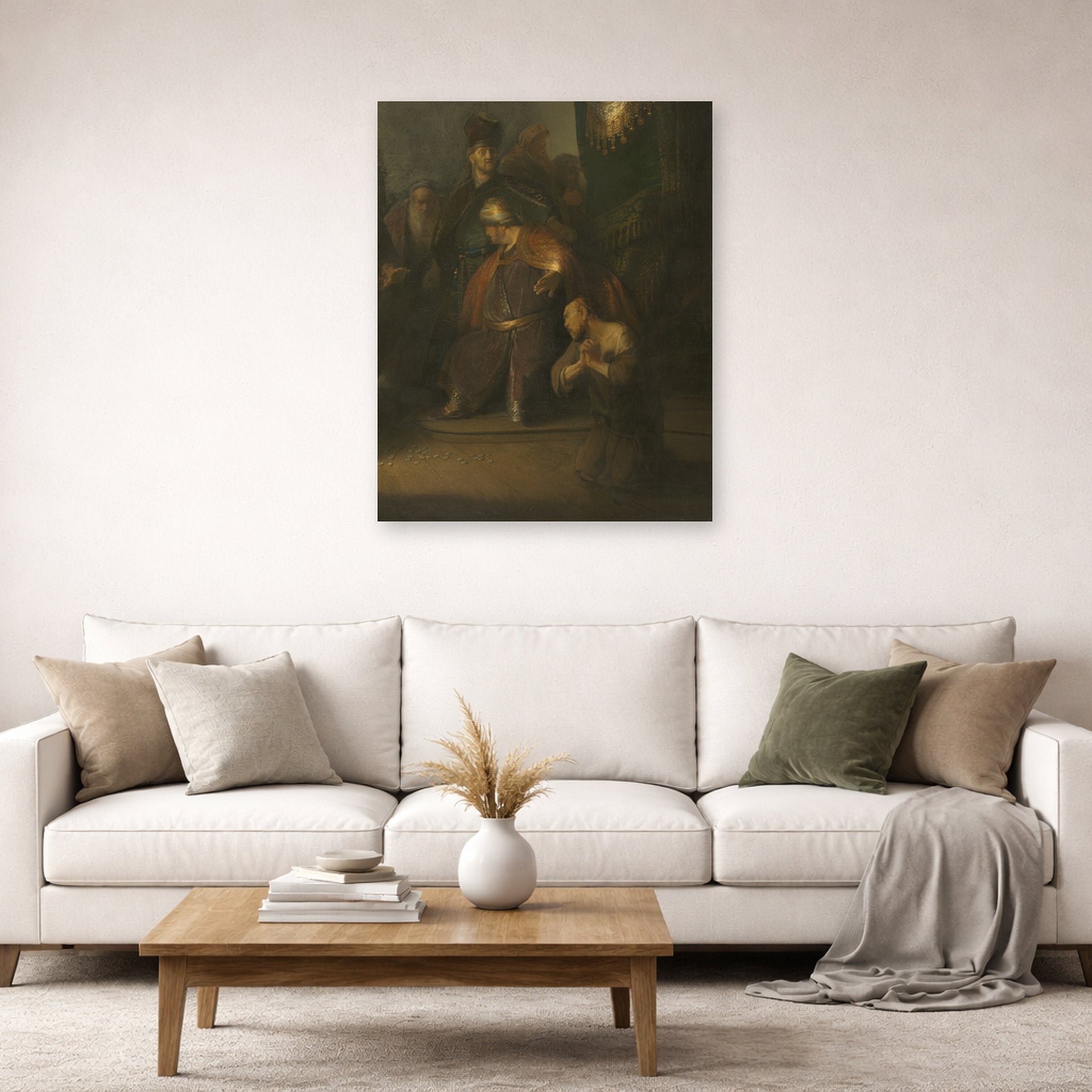 Unframed poster print of Rembrandt's Grieving Judas displayed on a wall in a living room