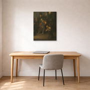 Unframed poster print of Rembrandt's Grieving Judas displayed on a wall in an office