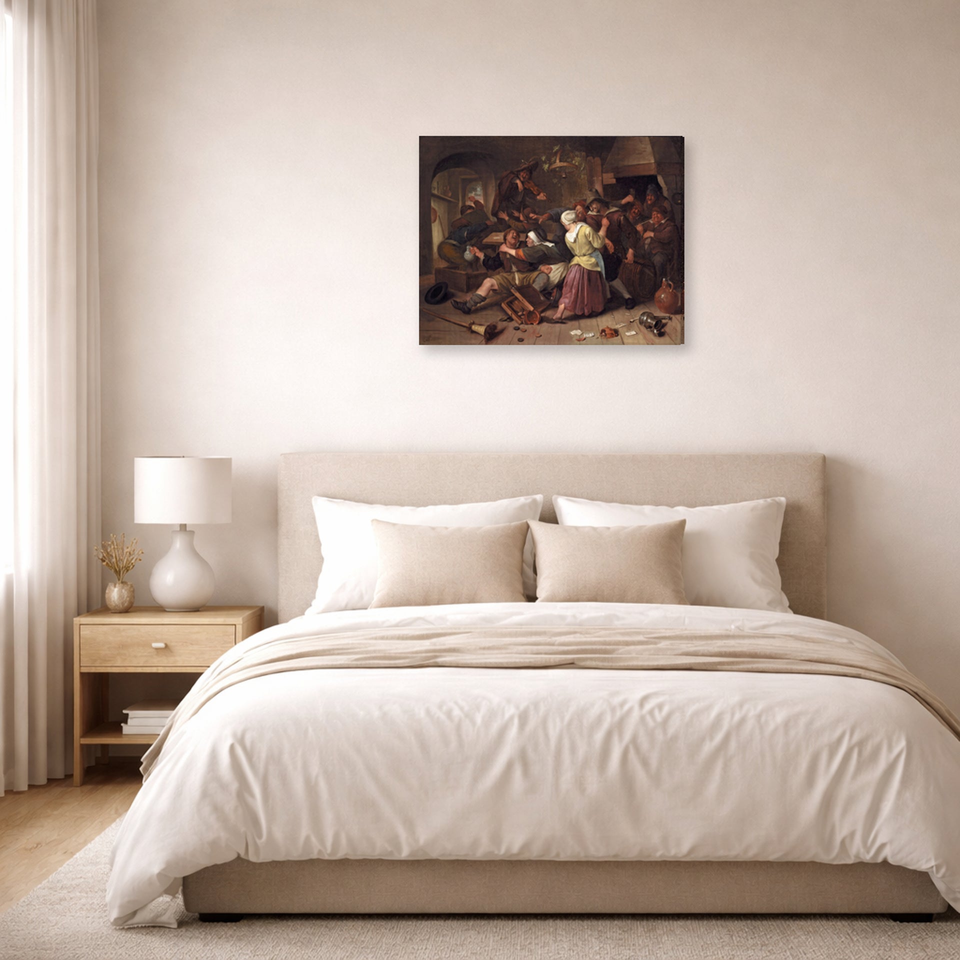 Gallery-wrapped canvas print of Rembrandt's Havicksz Gamblers Quarreling displayed on a wall in a bedroom