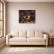 Gallery-wrapped canvas print of Rembrandt's Havicksz Gamblers Quarreling displayed on a wall in a living room