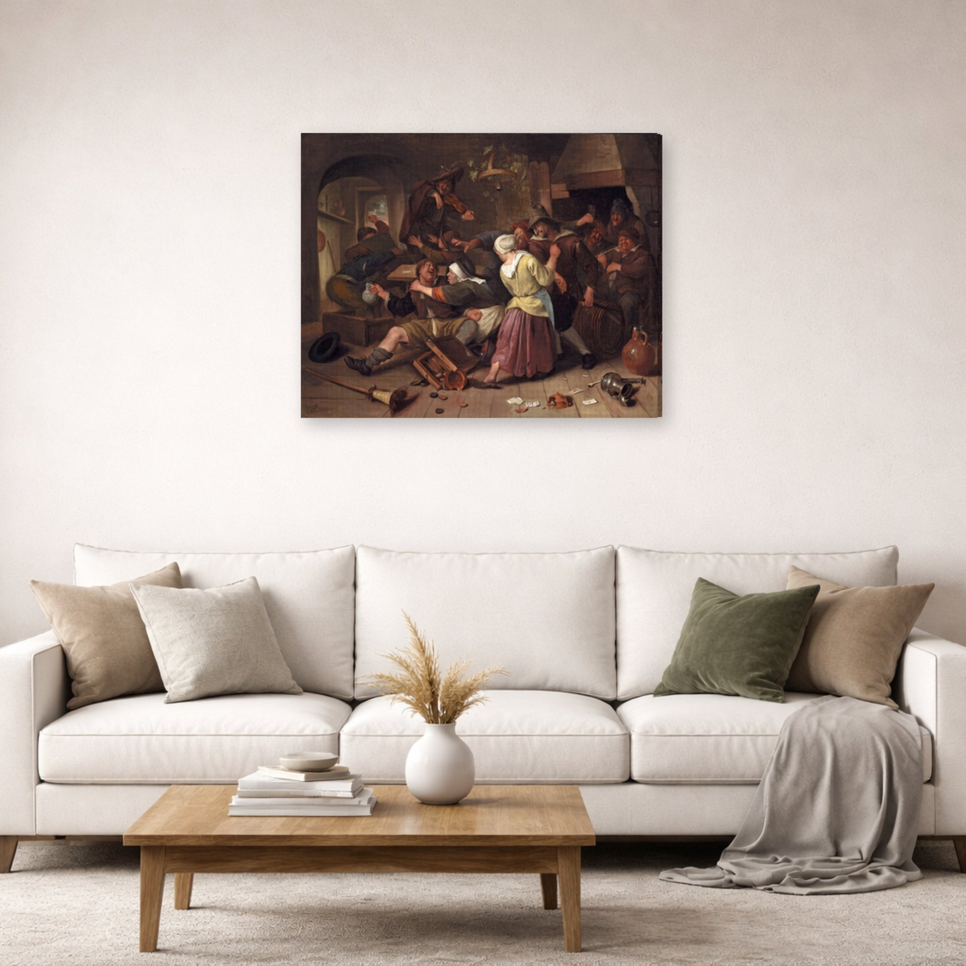 Gallery-wrapped canvas print of Rembrandt's Havicksz Gamblers Quarreling displayed on a wall in a living room