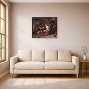 Unframed poster print of Rembrandt's Havicksz Gamblers Quarreling displayed on a wall in a living room