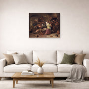 Unframed poster print of Rembrandt's Havicksz Gamblers Quarreling displayed on a wall in a living room