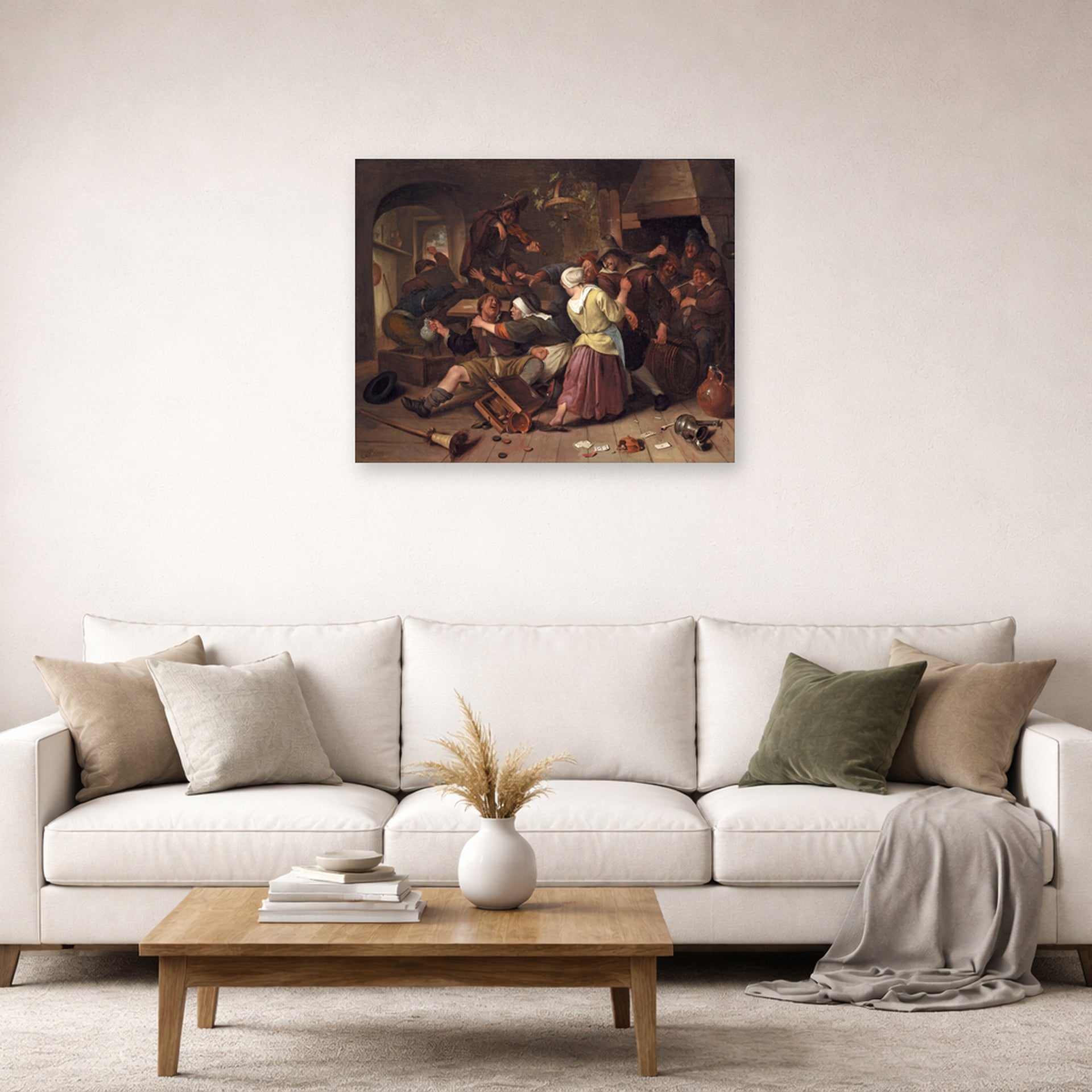 Unframed poster print of Rembrandt's Havicksz Gamblers Quarreling displayed on a wall in a living room