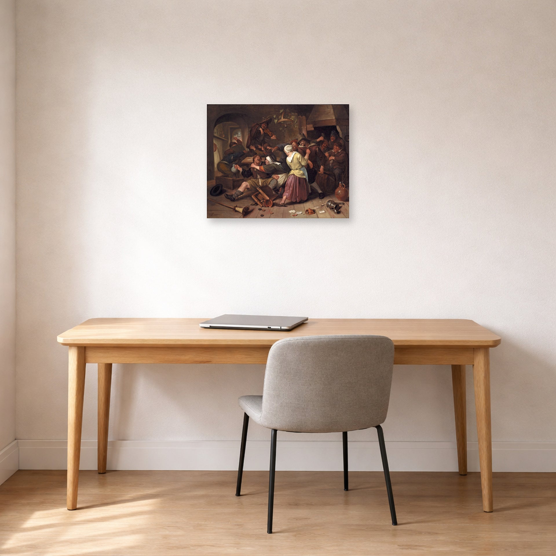 Unframed poster print of Rembrandt's Havicksz Gamblers Quarreling displayed on a wall in an office