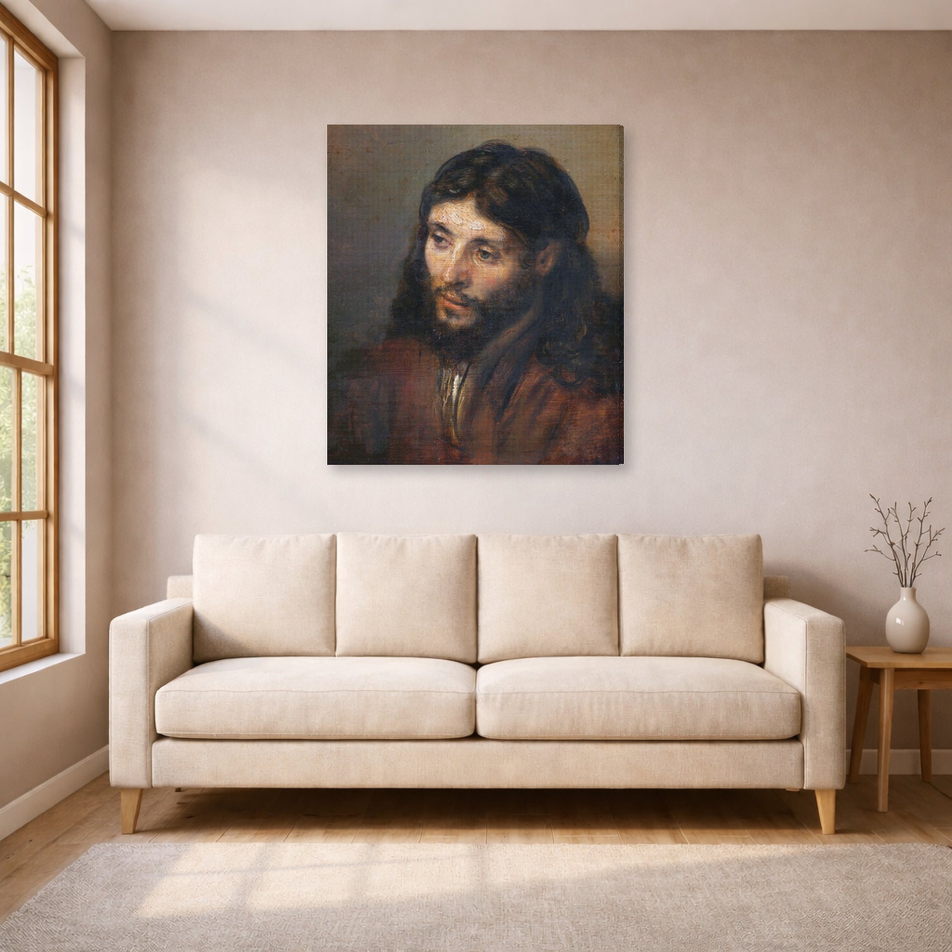 Gallery-wrapped canvas print of Rembrandt's Head of Christ displayed on a wall in a living room