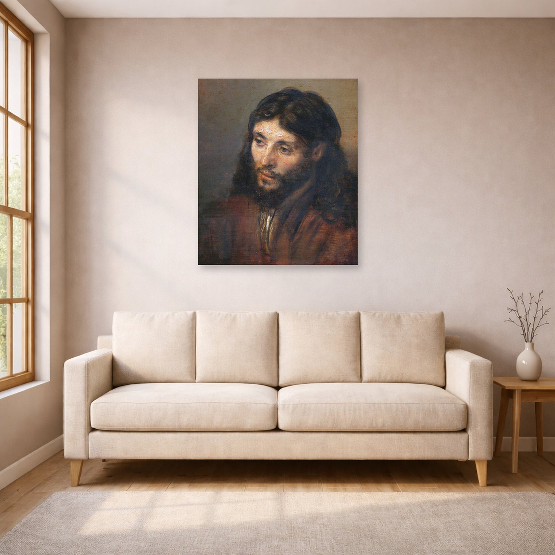 Unframed poster print of Rembrandt's Head of Christ displayed on a wall in a living room