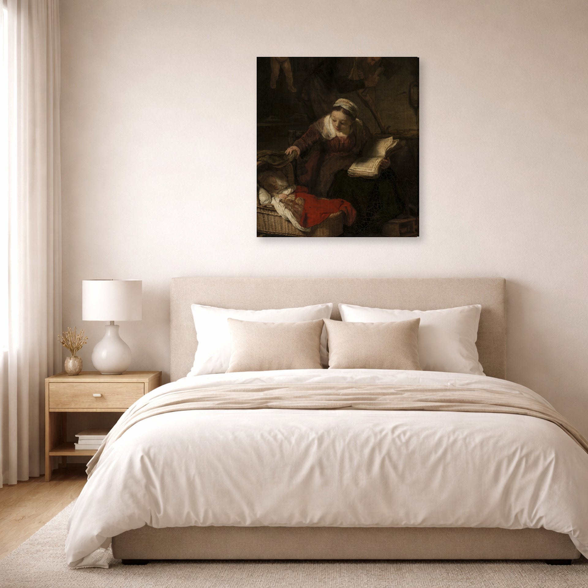 Gallery-wrapped canvas print of Rembrandt's Holy Family displayed on a wall in a bedroom