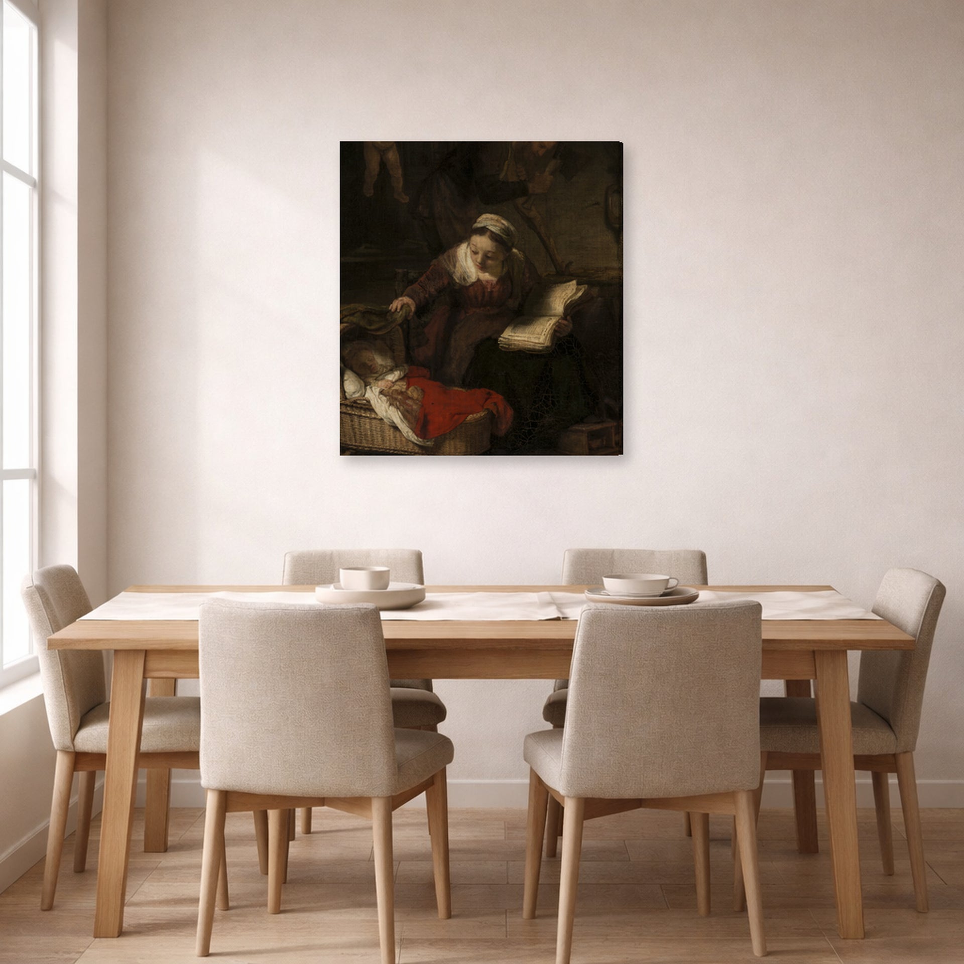 Gallery-wrapped canvas print of Rembrandt's Holy Family displayed on a wall in a dining room