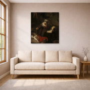 Gallery-wrapped canvas print of Rembrandt's Holy Family displayed on a wall in a living room