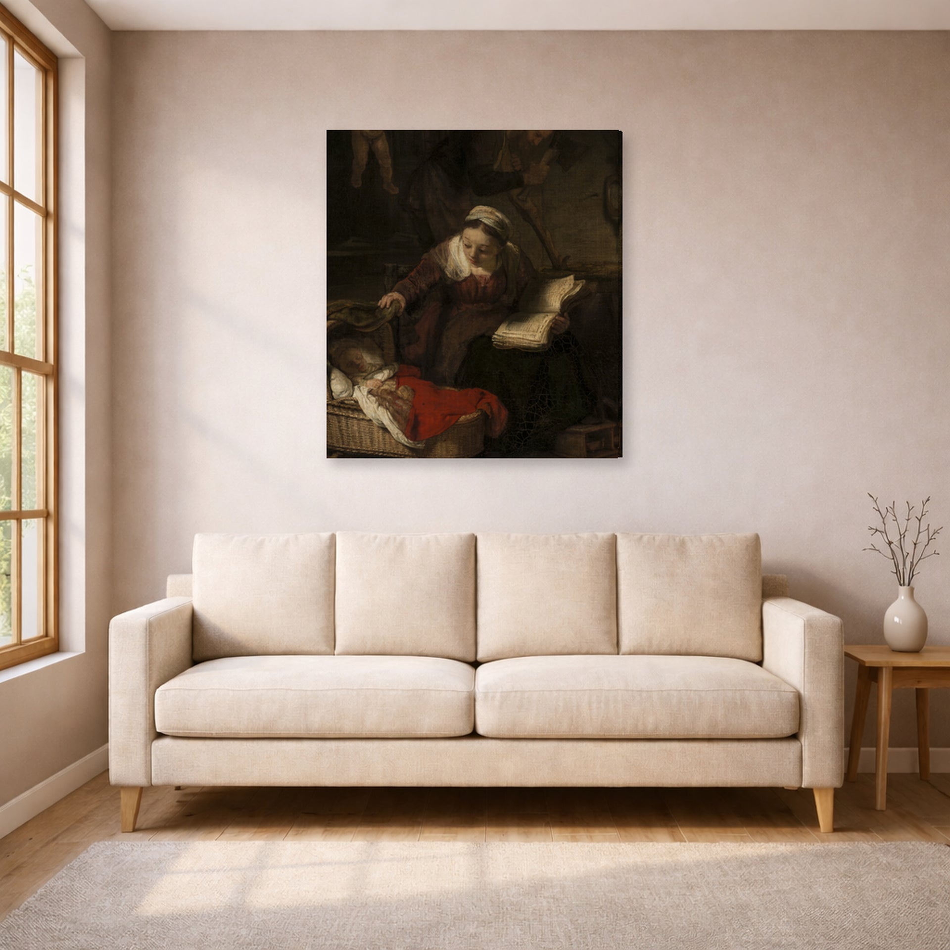 Gallery-wrapped canvas print of Rembrandt's Holy Family displayed on a wall in a living room