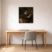 Gallery-wrapped canvas print of Rembrandt's Holy Family displayed on a wall in an office