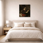 Unframed poster print of Rembrandt's Holy Family displayed on a wall in a bedroom