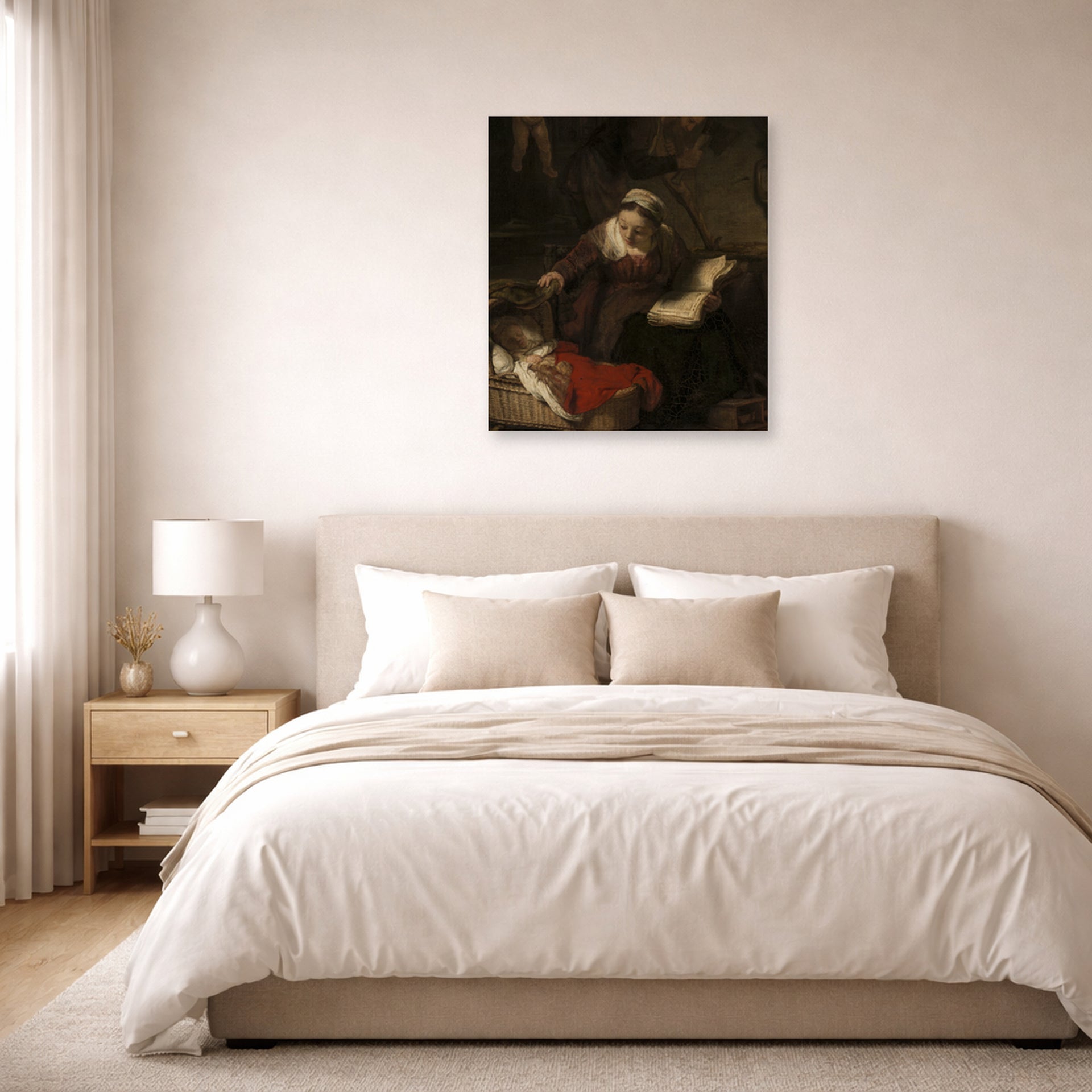 Unframed poster print of Rembrandt's Holy Family displayed on a wall in a bedroom