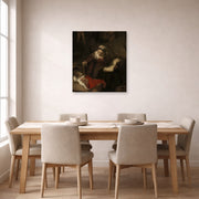 Unframed poster print of Rembrandt's Holy Family displayed on a wall in a dining room