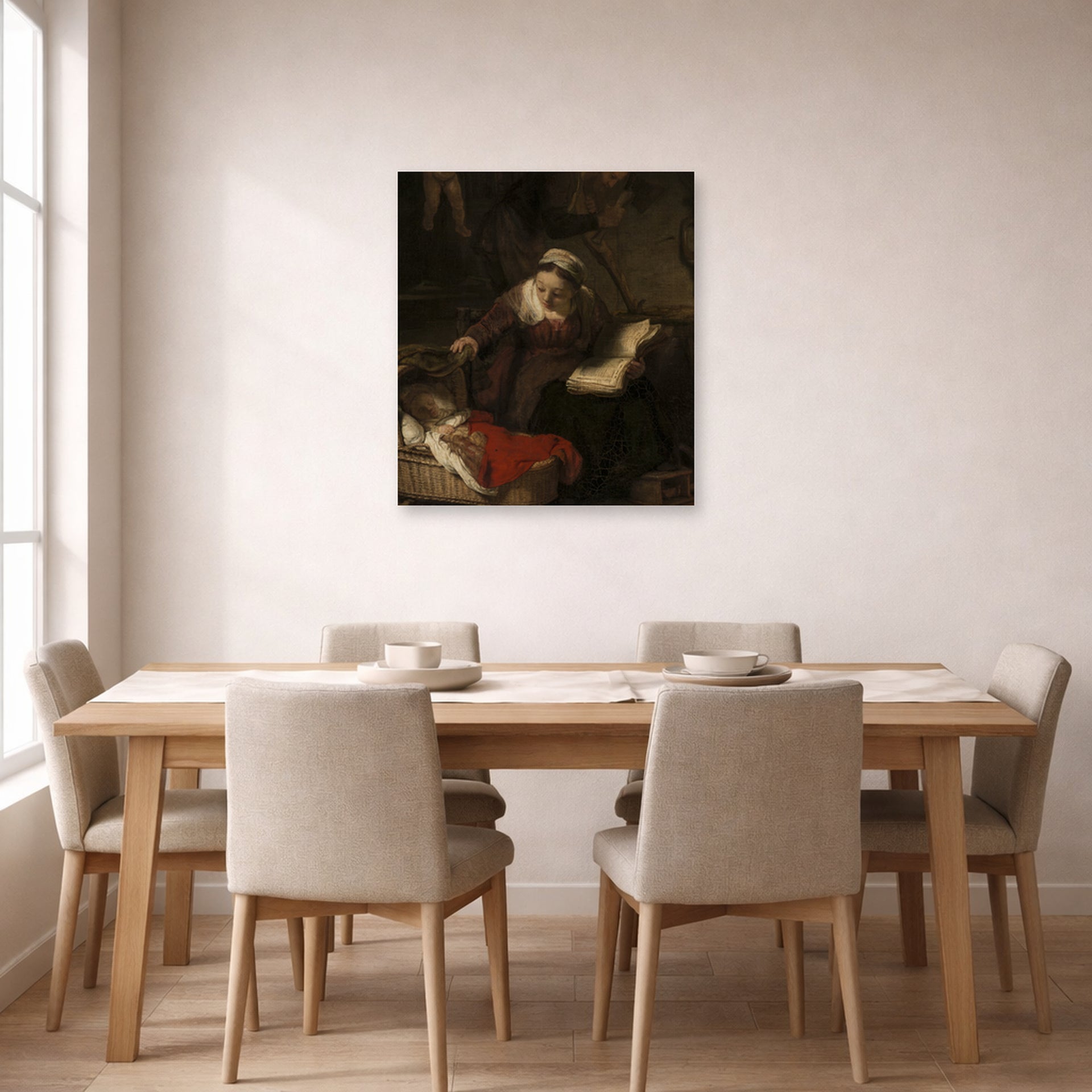 Unframed poster print of Rembrandt's Holy Family displayed on a wall in a dining room