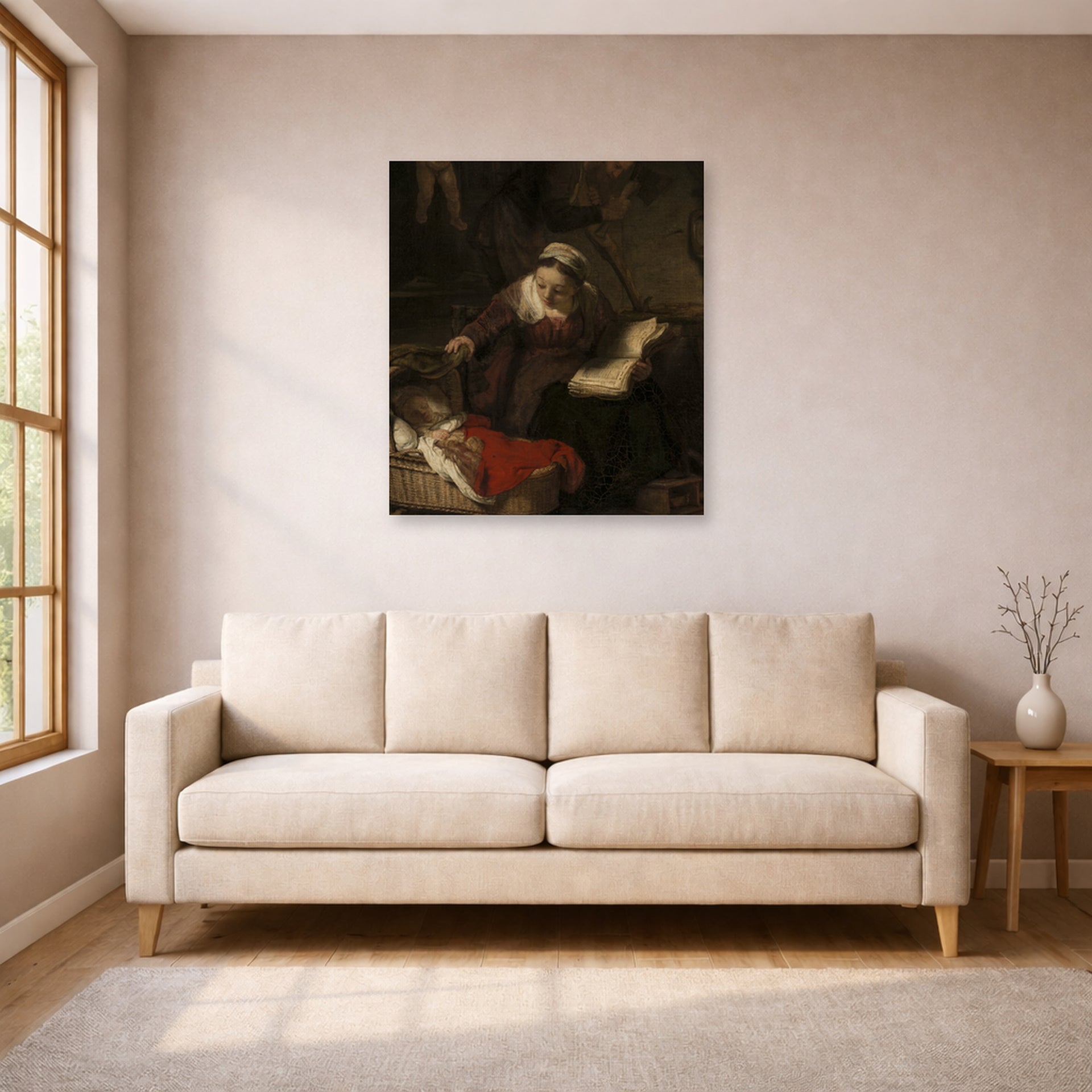 Unframed poster print of Rembrandt's Holy Family displayed on a wall in a living room