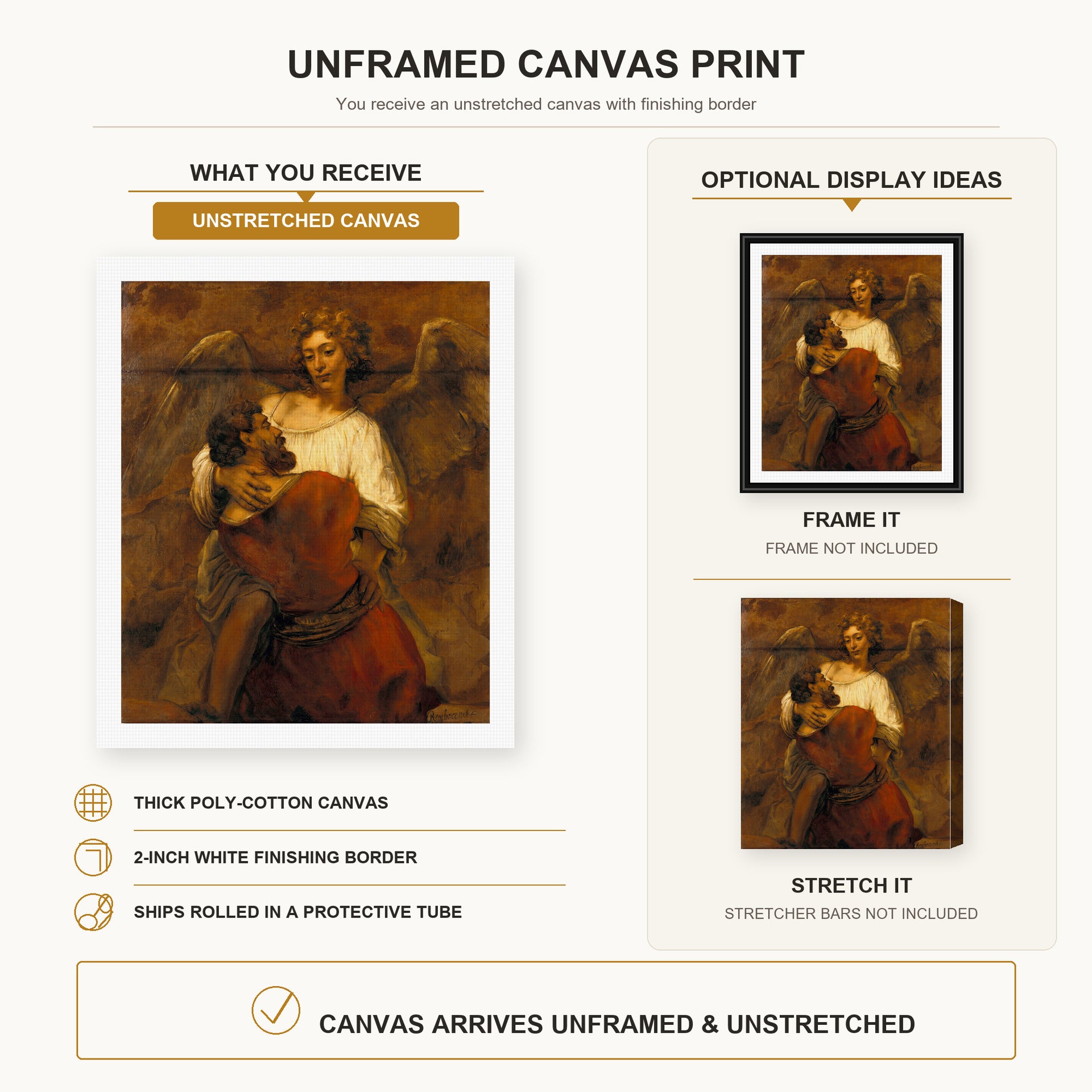 Rembrandt - Jacob Wrestling with the Angel canvas print size comparison and framing display infographic