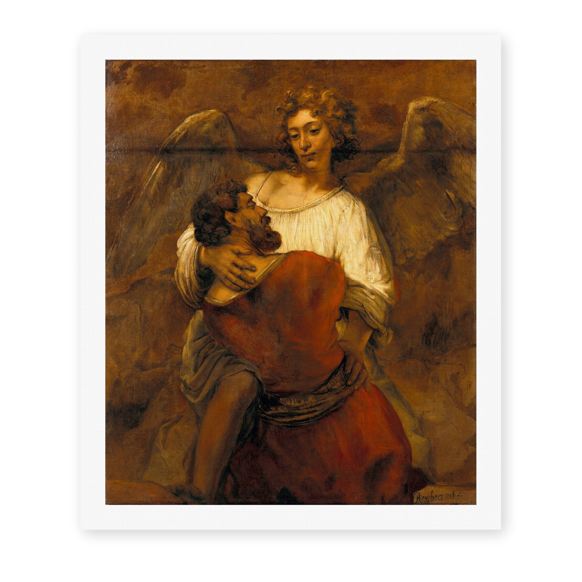 Rembrandt's 'Jacob Wrestling with the Angel' painting reproduced as a rolled canvas print