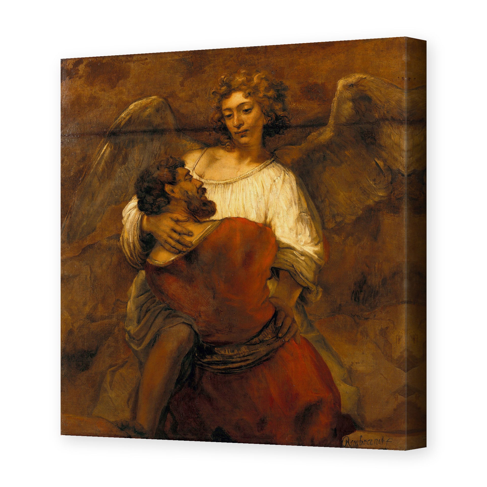 Rembrandt's 'Jacob Wrestling with the Angel' painting reproduced as a gallery-wrapped canvas print