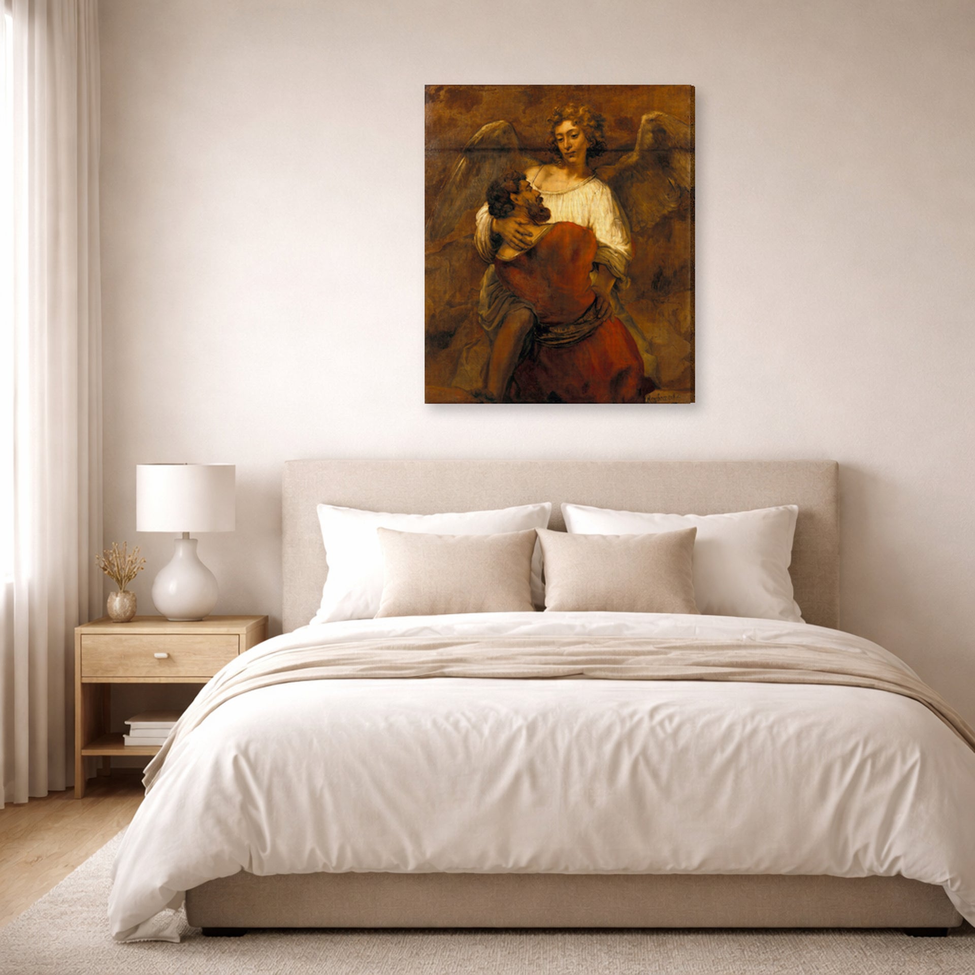 Gallery-wrapped canvas print of Rembrandt's Jacob Wrestling with the Angel displayed on a wall in a bedroom