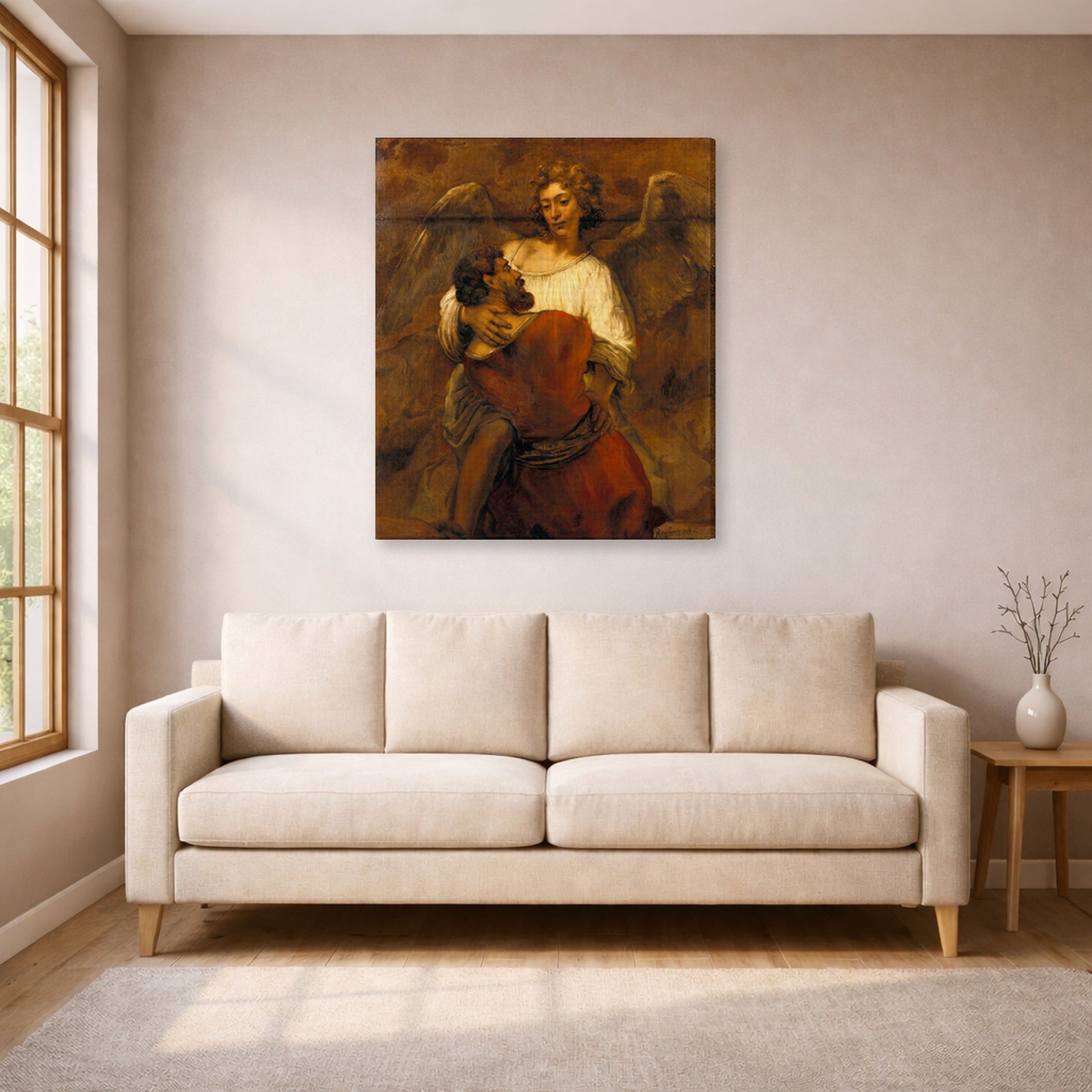 Gallery-wrapped canvas print of Rembrandt's Jacob Wrestling with the Angel displayed on a wall in a living room