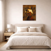Unframed poster print of Rembrandt's Jacob Wrestling with the Angel displayed on a wall in a bedroom