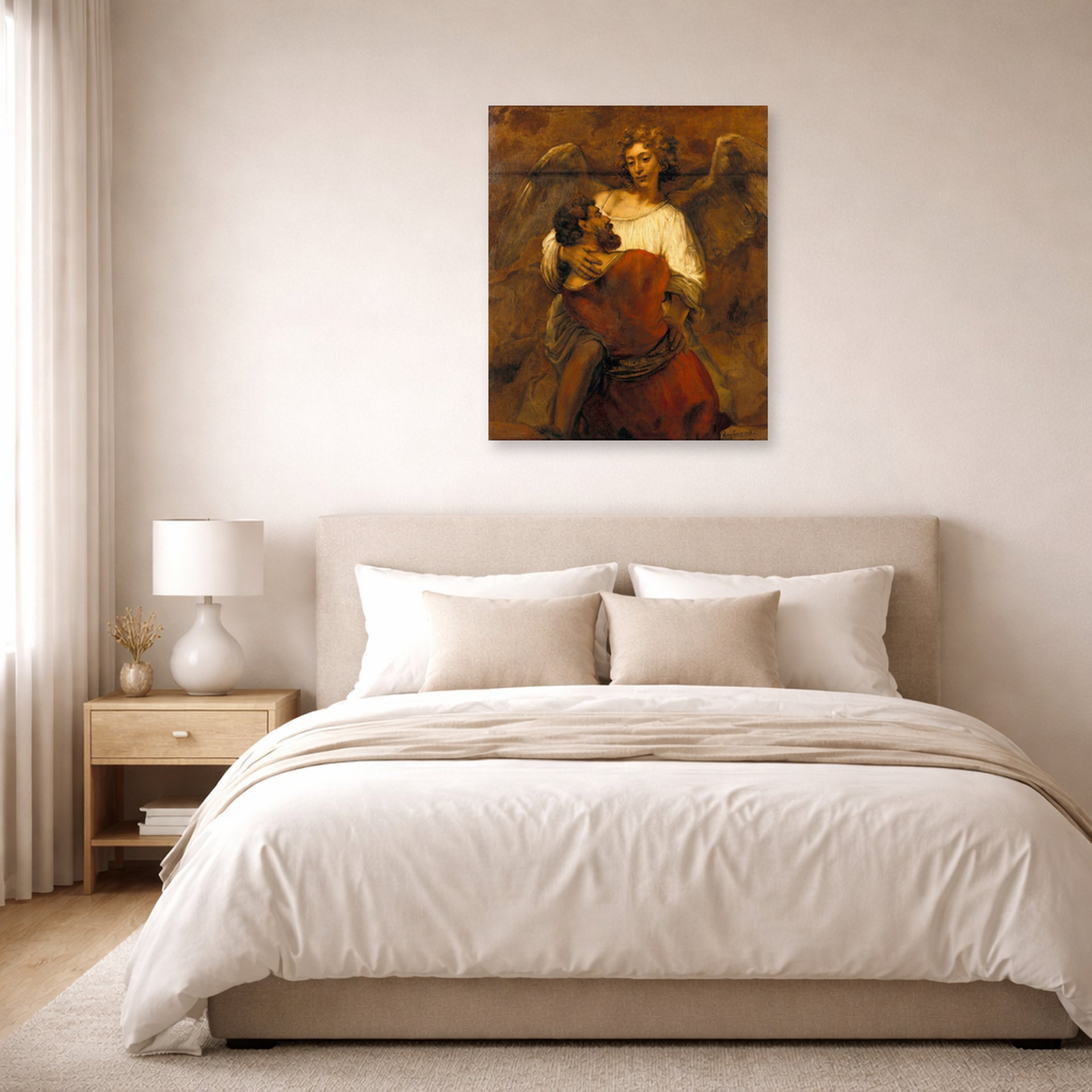 Unframed poster print of Rembrandt's Jacob Wrestling with the Angel displayed on a wall in a bedroom