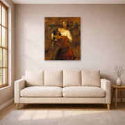 Unframed poster print of Rembrandt's Jacob Wrestling with the Angel displayed on a wall in a living room