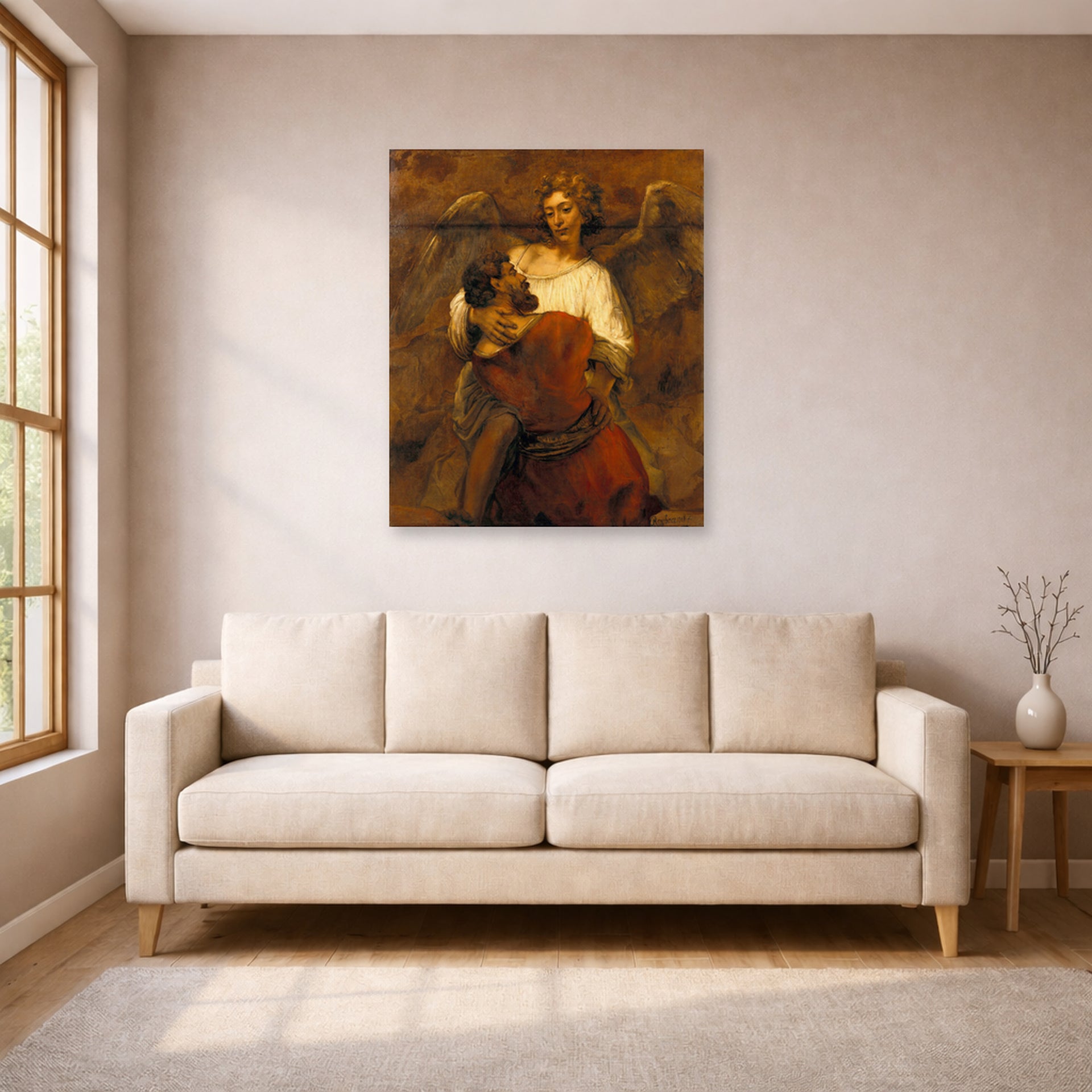 Unframed poster print of Rembrandt's Jacob Wrestling with the Angel displayed on a wall in a living room