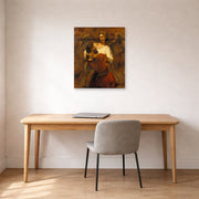 Unframed poster print of Rembrandt's Jacob Wrestling with the Angel displayed on a wall in an office
