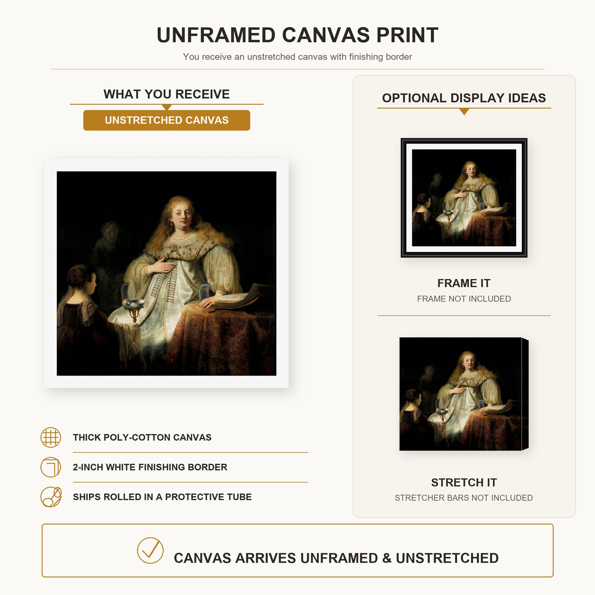 Rembrandt - Judith at the Banquet of Holofernes (artemisia) canvas print size comparison and framing display infographic