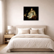 Gallery-wrapped canvas print of Rembrandt's Judith at the Banquet of Holofernes (artemisia) displayed on a wall in a bedroom