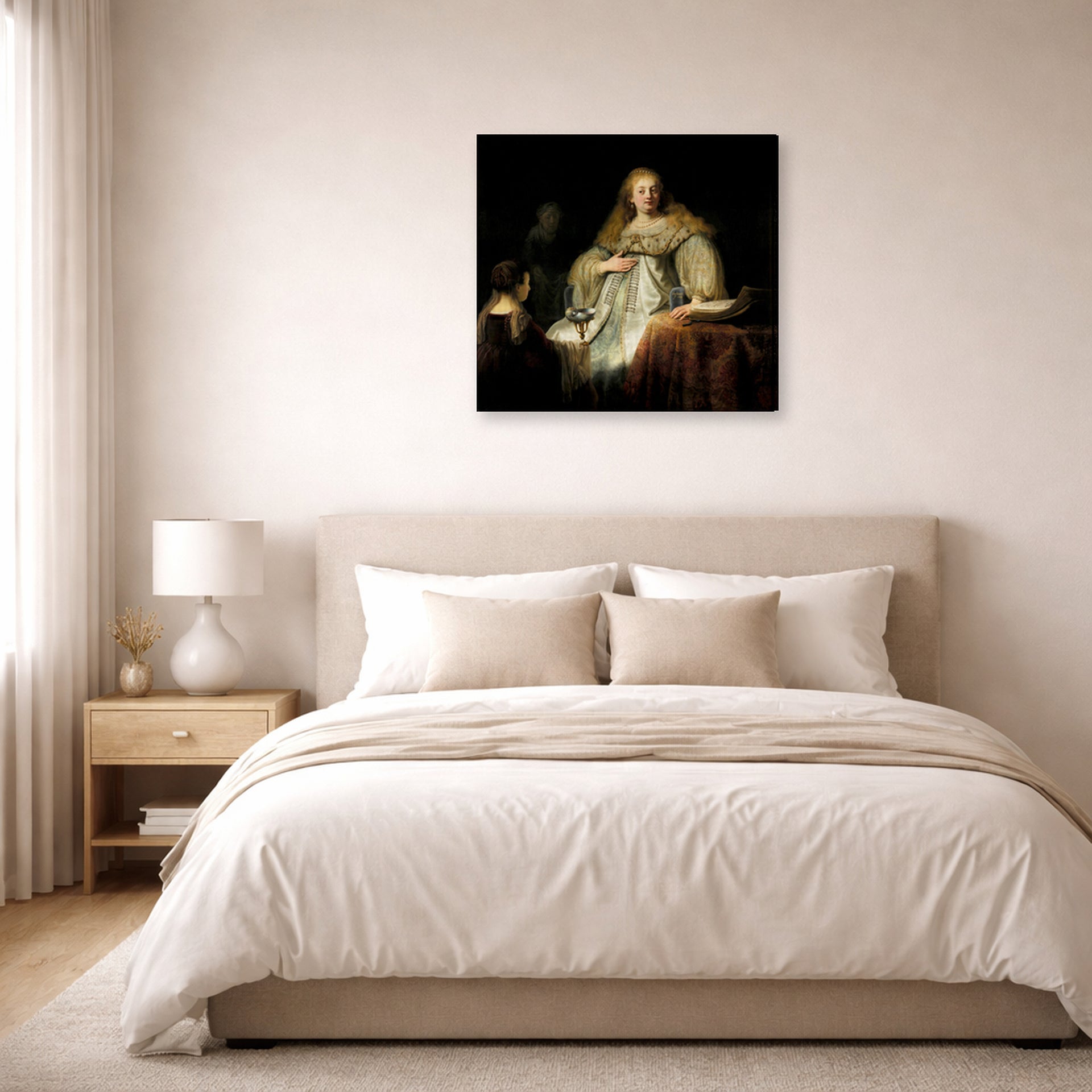 Gallery-wrapped canvas print of Rembrandt's Judith at the Banquet of Holofernes (artemisia) displayed on a wall in a bedroom