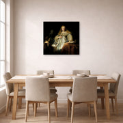 Gallery-wrapped canvas print of Rembrandt's Judith at the Banquet of Holofernes (artemisia) displayed on a wall in a dining room