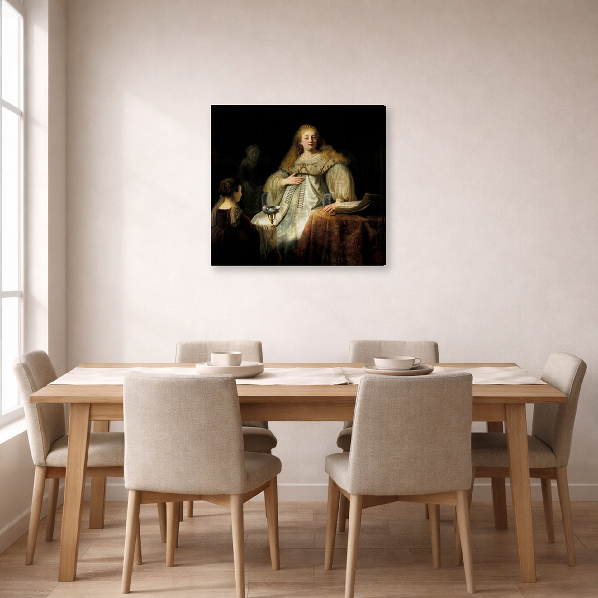 Gallery-wrapped canvas print of Rembrandt's Judith at the Banquet of Holofernes (artemisia) displayed on a wall in a dining room