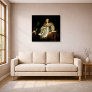 Gallery-wrapped canvas print of Rembrandt's Judith at the Banquet of Holofernes (artemisia) displayed on a wall in a living room