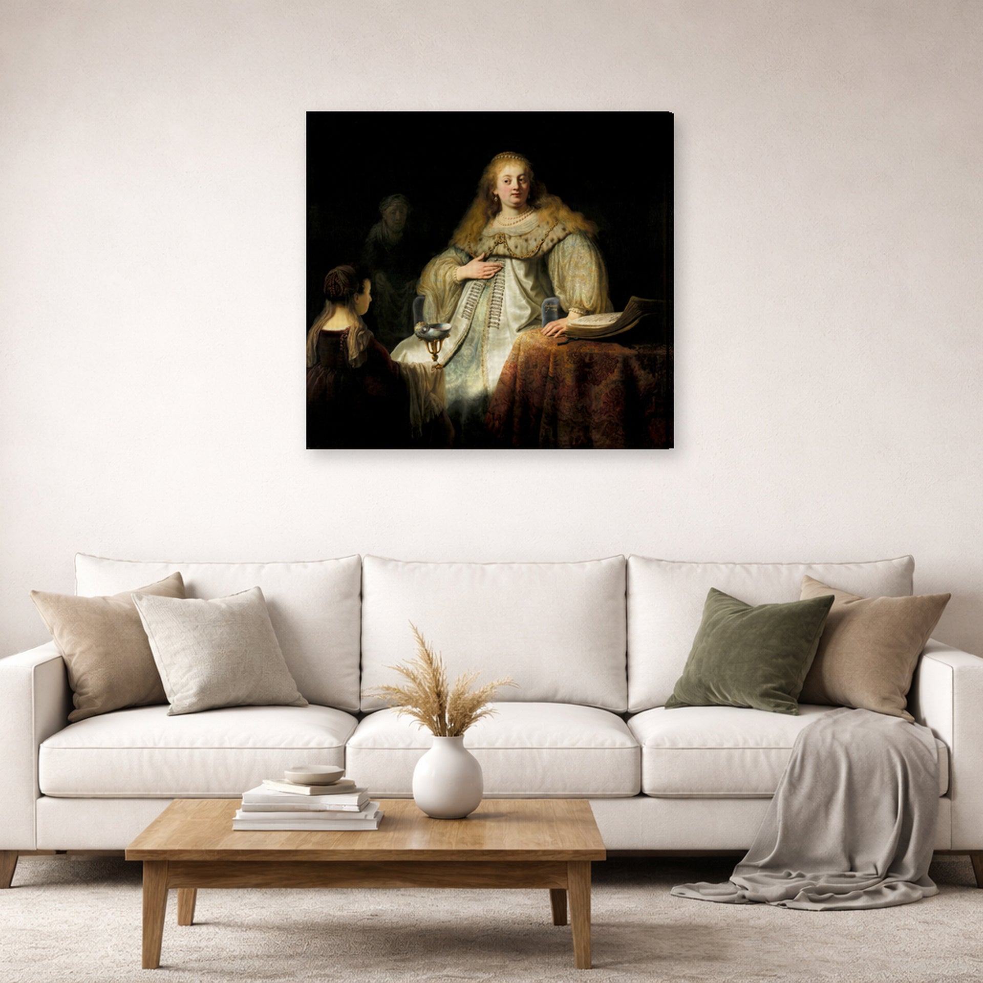 Gallery-wrapped canvas print of Rembrandt's Judith at the Banquet of Holofernes (artemisia) displayed on a wall in a living room