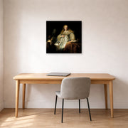 Gallery-wrapped canvas print of Rembrandt's Judith at the Banquet of Holofernes (artemisia) displayed on a wall in an office
