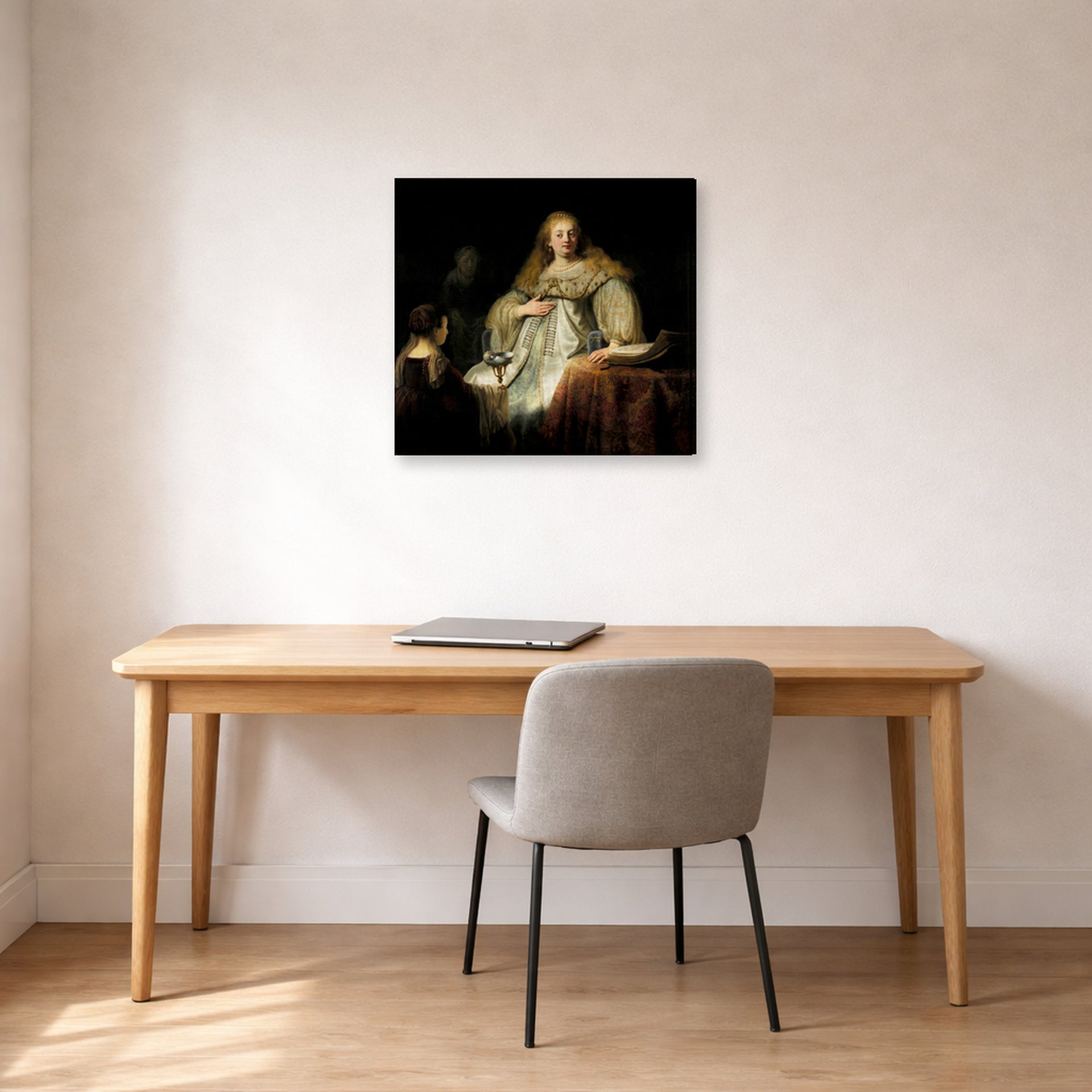 Gallery-wrapped canvas print of Rembrandt's Judith at the Banquet of Holofernes (artemisia) displayed on a wall in an office