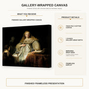 Rembrandt - Judith at the Banquet of Holofernes (artemisia) gallery wrap canvas construction and hanging details infographic