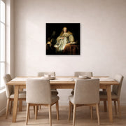 Unframed poster print of Rembrandt's Judith at the Banquet of Holofernes (artemisia) displayed on a wall in a dining room