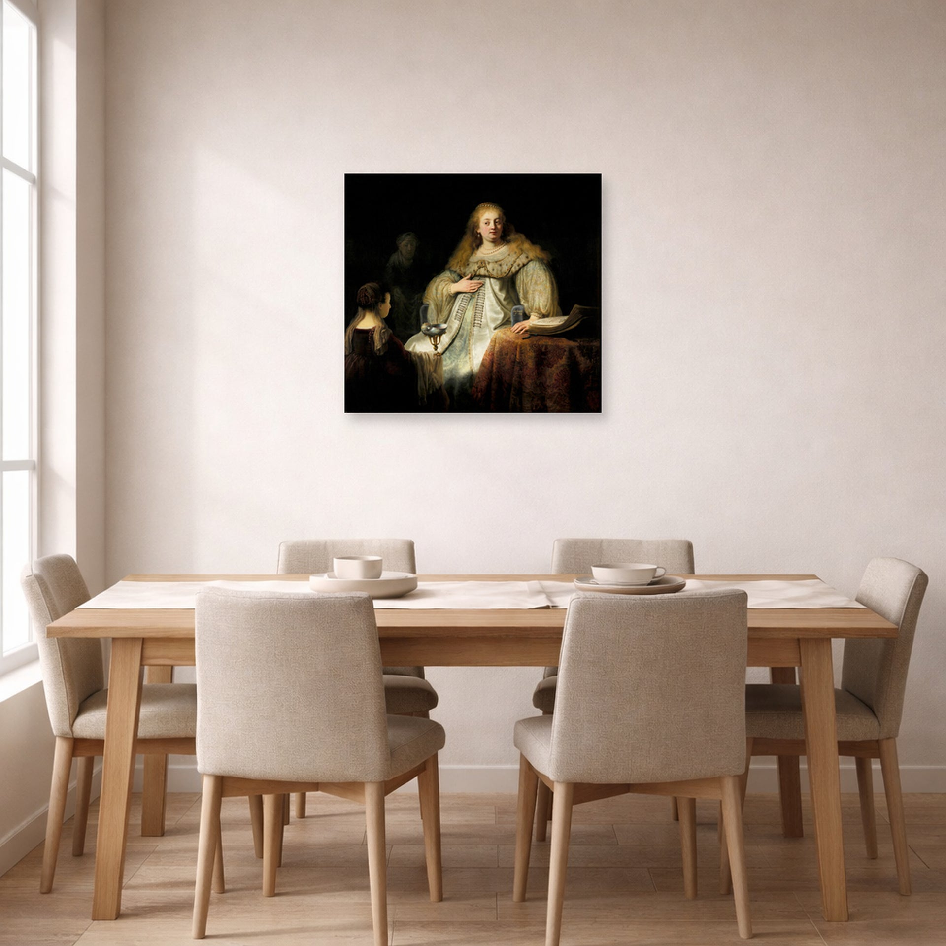 Unframed poster print of Rembrandt's Judith at the Banquet of Holofernes (artemisia) displayed on a wall in a dining room