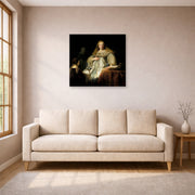 Unframed poster print of Rembrandt's Judith at the Banquet of Holofernes (artemisia) displayed on a wall in a living room